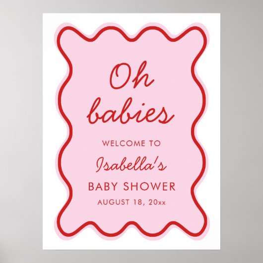 Poster Wavy Moderne Curvy Retro Baby shower rose et rouge (Devant)