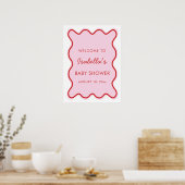 Poster Wavy Moderne Curvy Retro Baby shower rose et rouge (Cuisine)