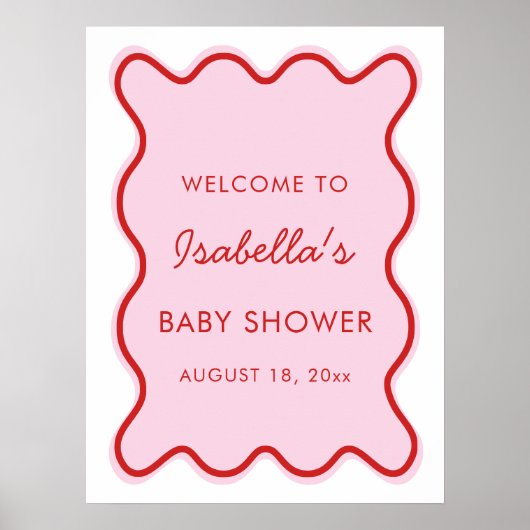 Poster Wavy Moderne Curvy Retro Baby shower rose et rouge (Devant)