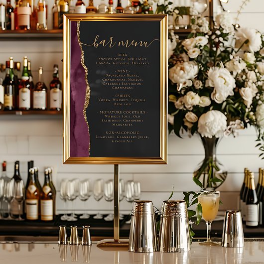 Poster Wedding Bar Menu Burgundy Gold Agate Dark