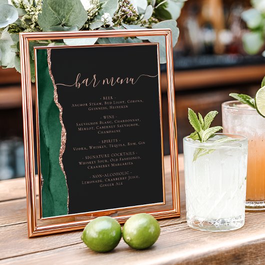 Poster Wedding Bar Menu Emerald Rose Gold Agate Dark