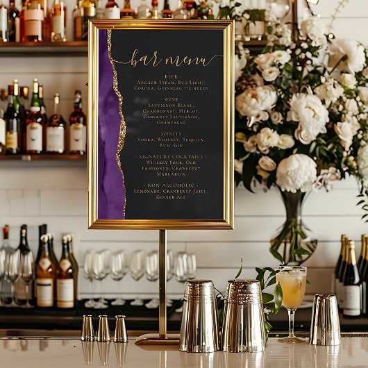 Poster Wedding Bar Menu Purple Gold Agate Dark