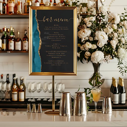 Poster Wedding Bar Menu Teal Blue Gold Agate Dark