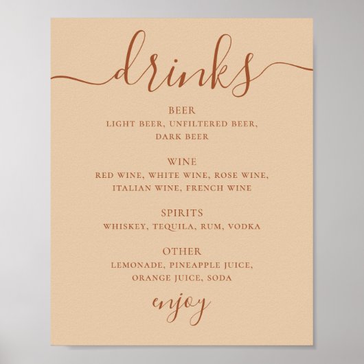 Poster Wedding Drinks Script Menu Sign | Peach Sand Bar (Devant)
