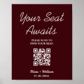 Poster Wedding Seating Chart QR Burgundy & Ivory Rustic (Devant)