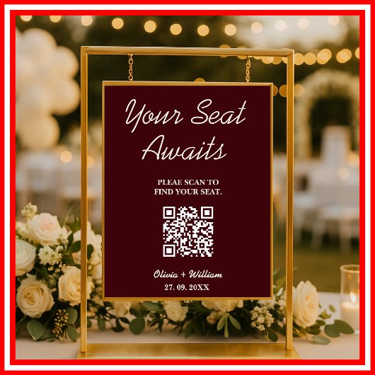 Poster Wedding Seating Chart QR Burgundy & Ivory Rustic