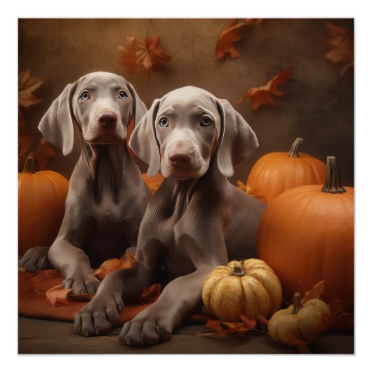 Poster Weimaraner Chiot Automne Citrouille délice (Devant)