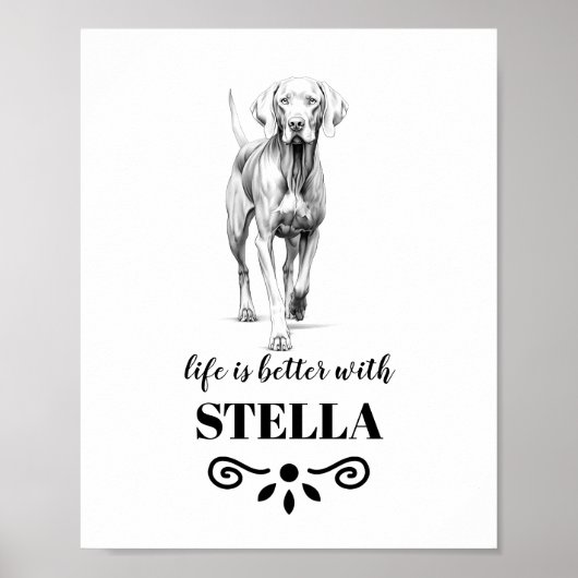 Poster Weimaraner Life est meilleur avec Custom Dog Name (Devant)