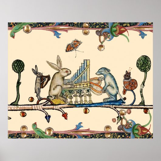 Poster WEIRD MEDIEVAL BESTIARY MAKING MUSIC,Rabbit, Dog (Devant)