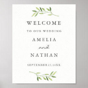 Poster Welcome Wedding Sign Watercolor Green Leaf