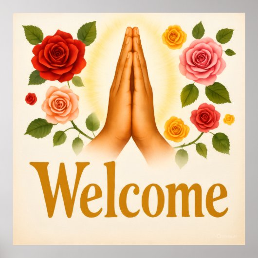 Poster Welcome with hands Rose flower design on (Devant)