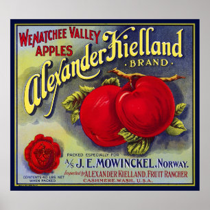POSTER WENATCHEE VALLEY APPLES FRUIT CRATE ÉTIQUETTE 1910