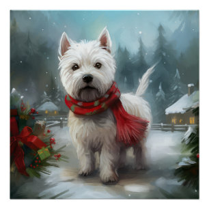 Poster West Highland White Terrier Dog dans la neige Noël
