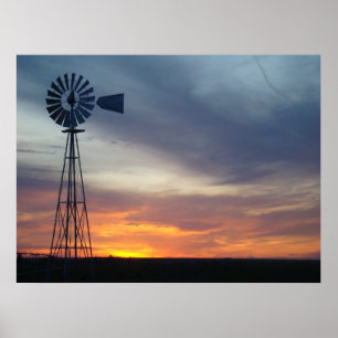 Poster West Kansas Sunset et Windmill