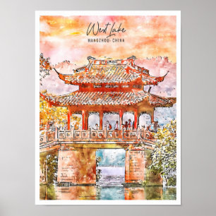 Poster West Lake Hangzhou Chine vintage voyage aquarelle