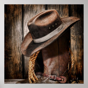 Poster western country brun grange bois cowboy bottes