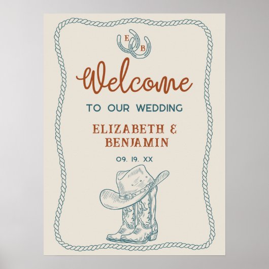 Poster Western Cowboy Boots Horseshoe Wedding Welcome (Devant)