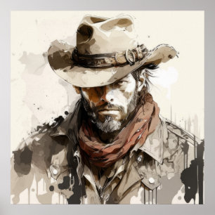 Poster Western Cowboy Portrait Peinture Chevaux historiqu