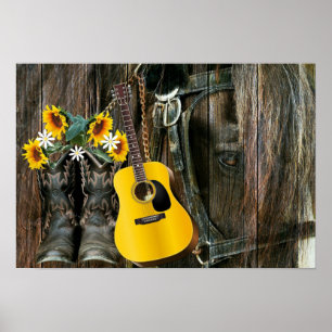 Poster Western Horse Cowboy boots Guitar Sunflowers