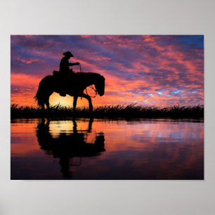 Poster Western Sunset Cowboy sur Horse Big Sky