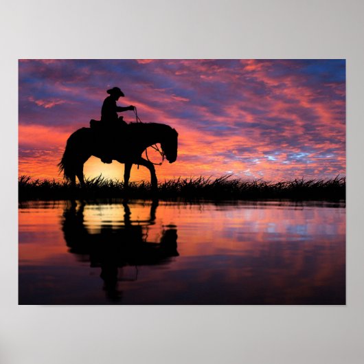 Poster Western Sunset Cowboy sur Horse Big Sky (Devant)