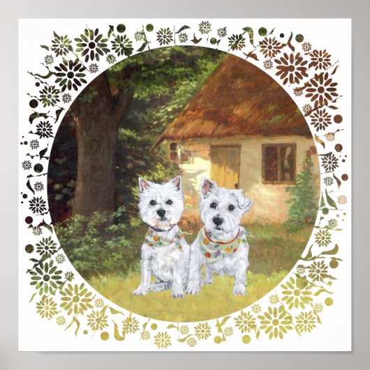 Poster Westies dans la cour d'une maisonnette cosy (Devant)