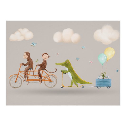 Poster Whimsical Animals on Bicycle Nursery Wall art (Devant)