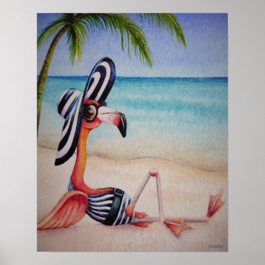 Poster Whimsical Beach Babe Flamant rose 1 Aquarelle 16x2 (Devant)