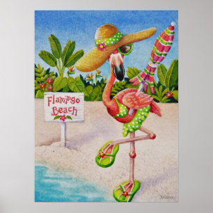 Poster Whimsical Beach Babe Flamant rose 2 Aquarelle 18x2