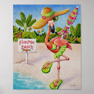 Poster Whimsical Beach Babe Flamant rose 2 Aquarelle 8x10