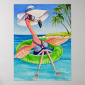 Poster Whimsical Beach Babe Flamant rose 3 Aquarelle 18x2 (Devant)