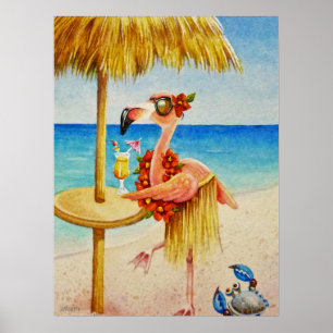 Poster Whimsical Beach Babe Flamant rose 4 Aquarelle 18x2