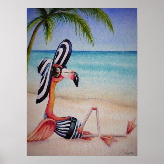 Poster Whimsical Beach Babe Flamant rose n° 1 Art 18x24 (Devant)