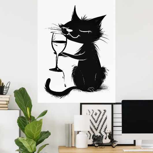 Poster Whimsical Black Cat Boire Vin 2D (Bureau à domicile)