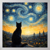 Poster Whimsical Black Cat & Celestial Town Wall Art  (Devant)