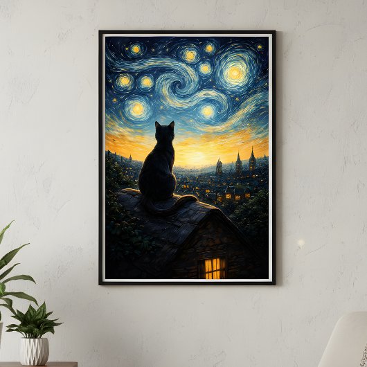 Poster Whimsical Black Cat & Celestial Town Wall Art 