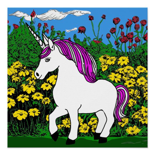 Poster Whimsical blanc violet Anniversaire Unicorn (Devant)
