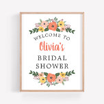 Poster Whimsical Blush Coral Fête des mariées Florale Bie<br><div class="desc">Douche mariage d'accueil affiche / signe caractéristiques texte élégant encadré par un modèle de couronne florale d'été ou d'automne avec des fleurs colorées d'aquarelle, feuilles, et verdure dans les tons rose roux, jaune doré, corail, rouge orange, violet violet, et vert. Inclut un texte personnalisé élégant qui peut être personnalisé avec...</div>