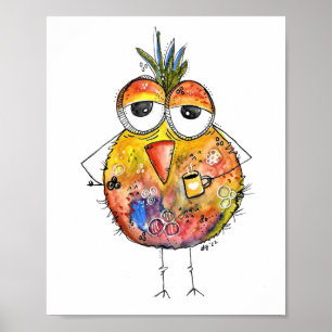 Poster Whimsical Colorful Bird Boire Café
