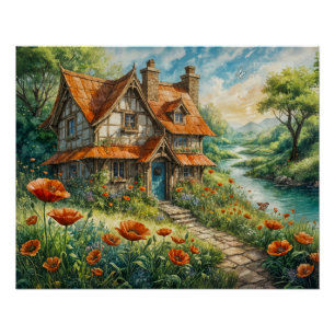 Poster Whimsical cottage with Poppy Flowers