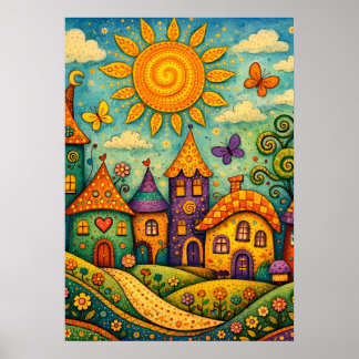 Poster Whimsical Fairy Tale Village Colorful Canvas Art