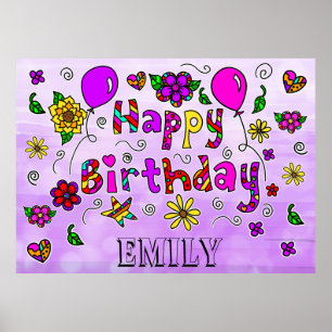 Poster Whimsical Folk Art Joyeux anniversaire