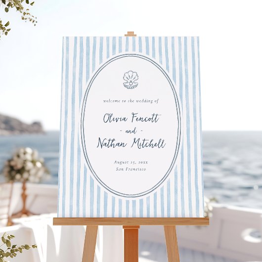 Poster Whimsical Frame Blue Stripes Wedding Welcome Sign