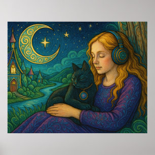 Poster Whimsical Girl with Black Cat Under Crescent Moon