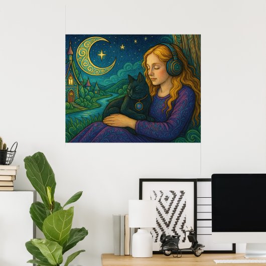 Poster Whimsical Girl with Black Cat Under Crescent Moon (Bureau à domicile)