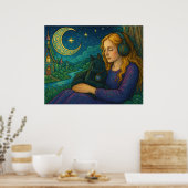 Poster Whimsical Girl with Black Cat Under Crescent Moon (Cuisine)