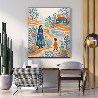 Poster Whimsical Mother and Child Folk Art Illustration