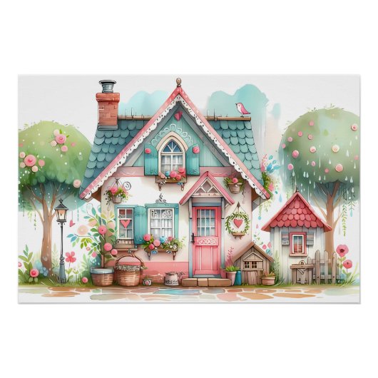 Poster Whimsical Pastel Fairy Tale Cottage Art (Devant)
