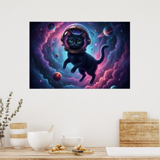 Poster Whimsical Space Cat Wall Art Print for Cat Lovers (Cuisine)
