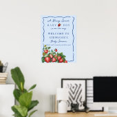 Poster Whimsical Strawberry Blue Baby Shower Welcome Sign (Bureau à domicile)